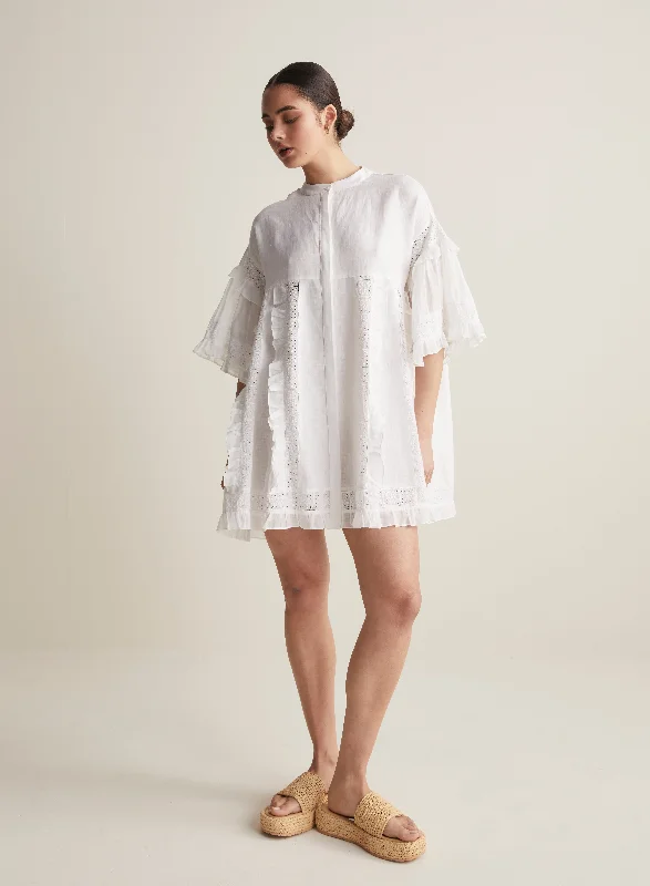 Ruched mini dress-Sadie Linen Mini Smock Dress | Optical White