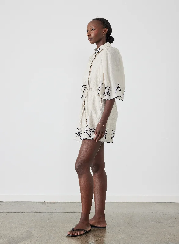 Retro flair mini dress-Hattie Linen Ramie Embroidery Mini Smock Shirt Dress | Flax Navy