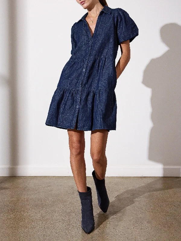 Trumpet sleeve mini dress-The Havana Mini Indigo Dress