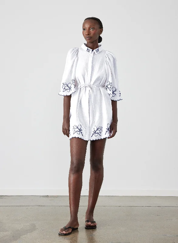 Retro style mini dress-Hattie Linen Ramie Embroidery Mini Smock Shirt Dress | Optical White Navy