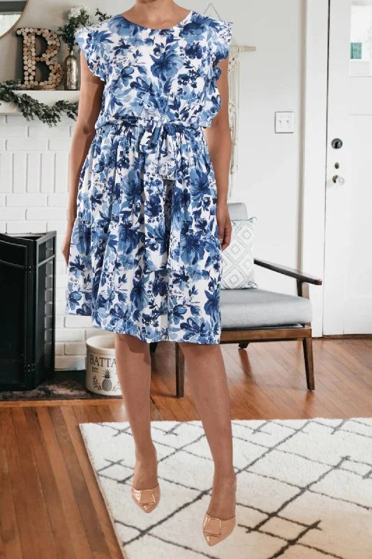 Bow detail mini dress-Blue Floral Ruffle Tie Mini Dress