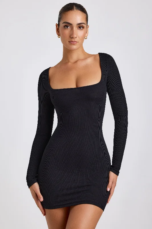 Open back mini dress-Ribbed Modal Long Sleeve Mini Dress in Black