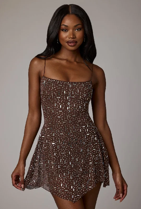 One shoulder mini dress-Sheer Embellished Scoop Neck Mini Dress in Deep Cocoa