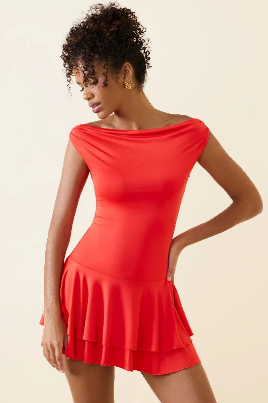 Neon color mini dress-Off-Shoulder Ruffled Mini Dress in Scarlet