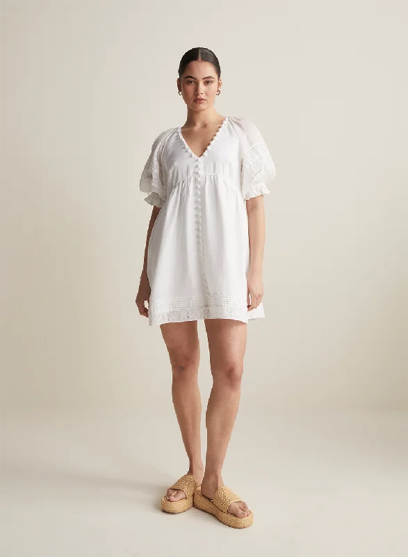 Sheer panel mini dress-Gwendalin Linen Mini Smock Dress | Optical White