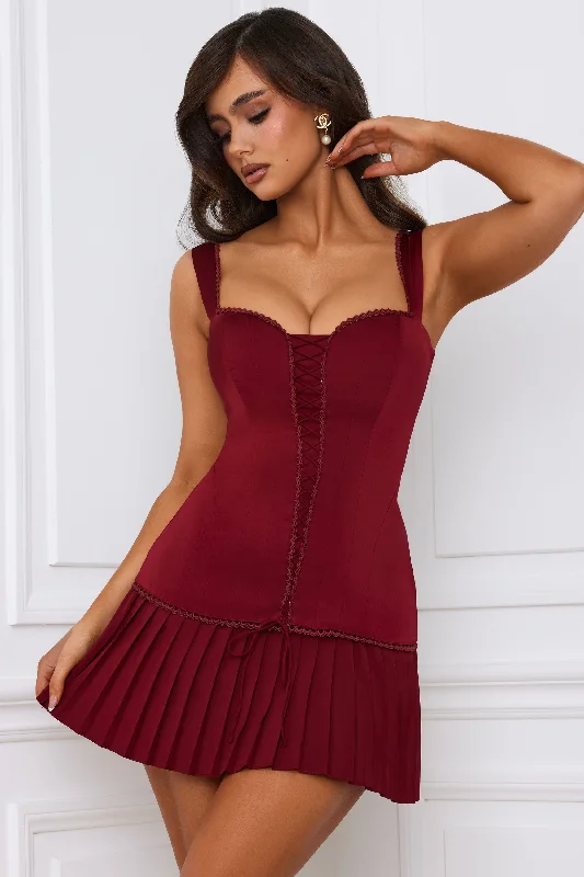 Fringe mini dress-Bow-Detail Lace-Up Corset Mini Dress in Berry Red