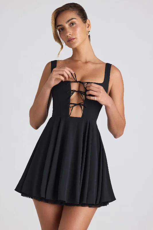 Embroidered mini dress-Tie-Detail A-Line Micro Mini Dress in Black