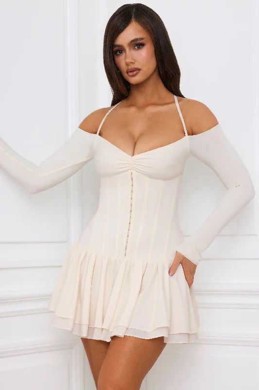 One shoulder mini dress-Off-Shoulder Tiered Corset Mini Dress in Ivory