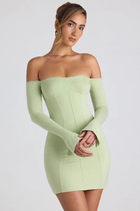 Illusion sleeve mini dress-Modal Off-Shoulder Lace-Trim Mini Dress in Spring Green