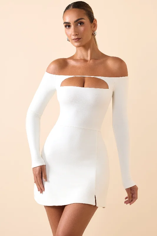 Metallic mini dress-Modal Cut-Out Off-Shoulder A-Line Mini Dress in White