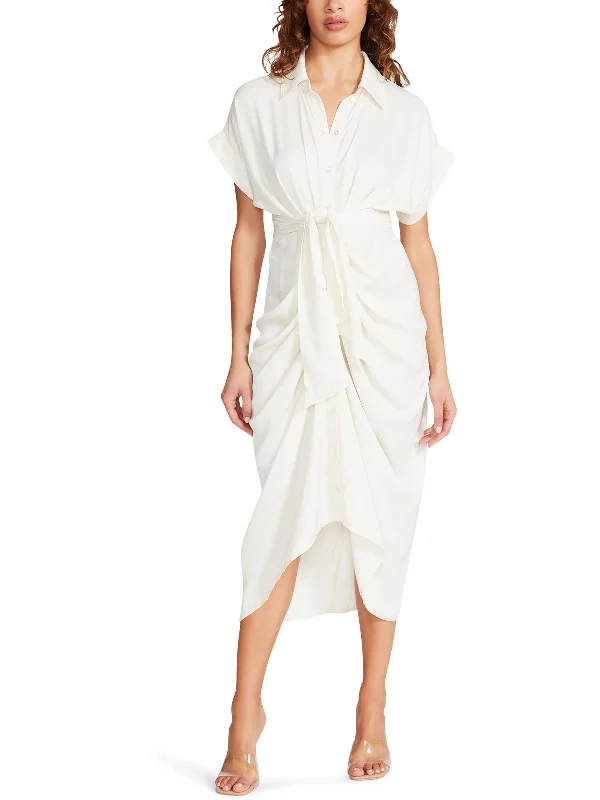 Midi dress with layered ruffles-Tori Womens Gathered Midi Shirtdress