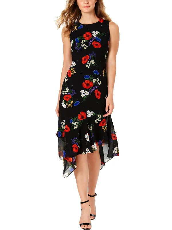 Midi dress with metallic finish-Womens Floral Print Ruffled Midi Dress