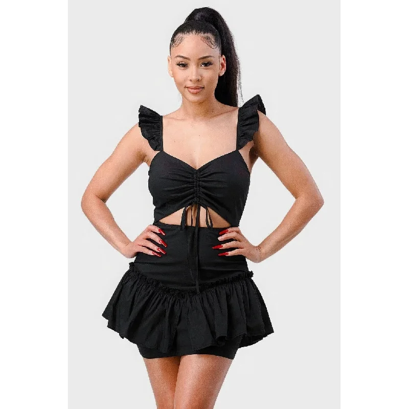 Cocktail mini dress-Sweetheart With Drawstring Bow Cutout Ruffled Flutter Sleeves Mini Dress