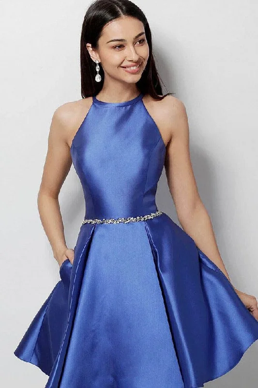 Cocktail dress with pleated details-Jovani Sleek Halter Pleated Cocktail Dress - 1 pc Royal In Size 4 Available