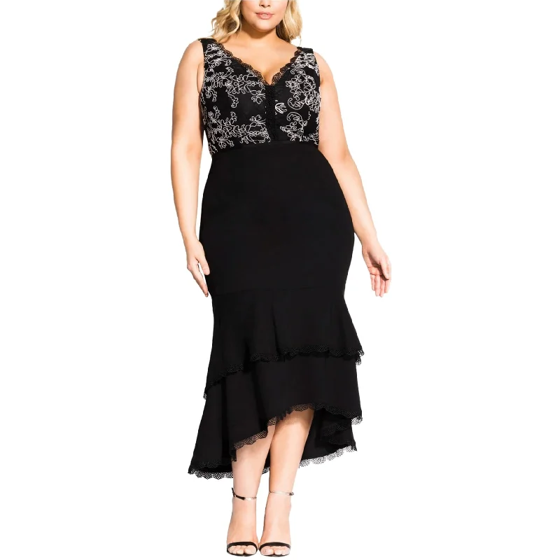 Cocktail dress with crochet lace-City Chic Womens Lace Cocktail High-Low Dress, Black, M/18W