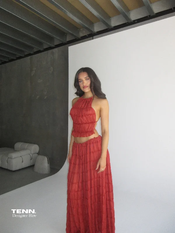 Maxi dress with ruched sides-Juliette Halter top & Maxi Skirt - Red