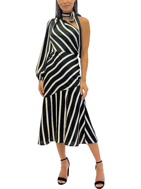 Midi dress with tie waist-Womens Satin Striped Midi Dress