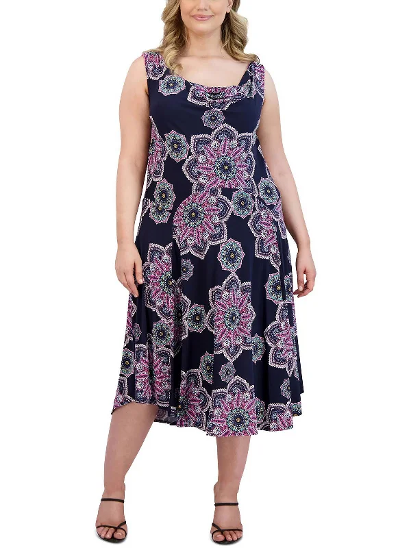 Midi dress with wrap style-Plus Womens Printed Cowlneck Midi Dress