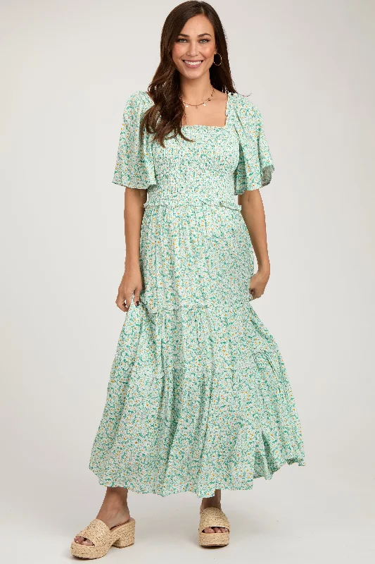 Maxi dress with tulip hem-Green Floral Smocked Tiered Maternity Maxi Dress