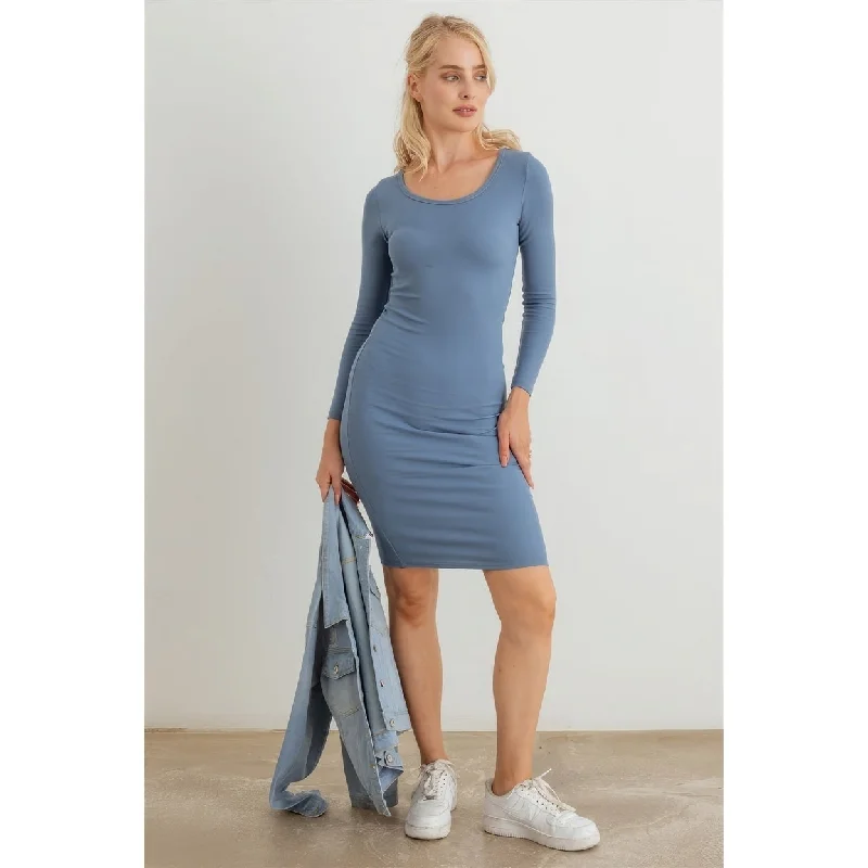 Bow detail mini dress-Ribbed Crew Neck Long Sleeve Mini Dress