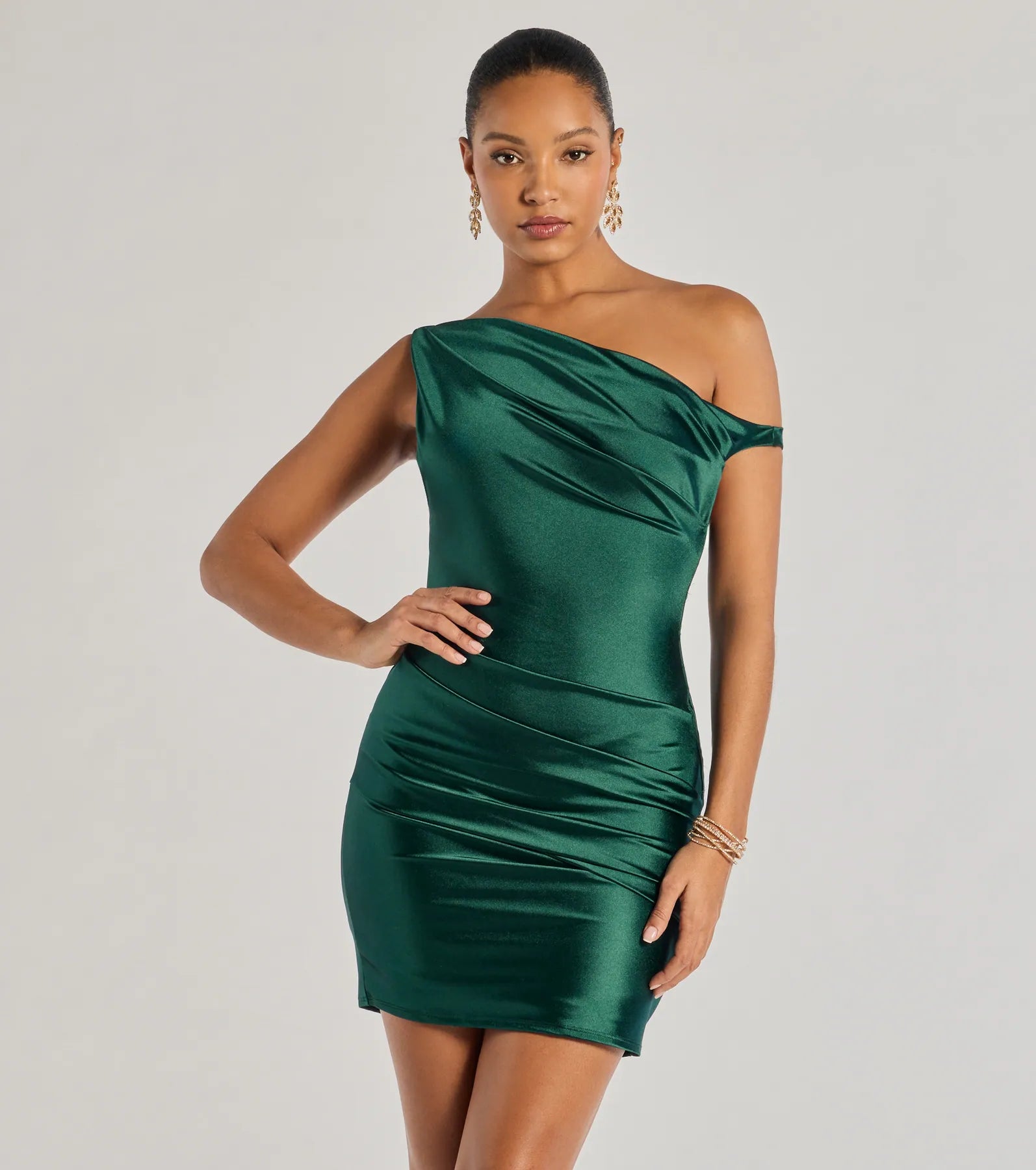 Lace-up mini dress-Marleigh Satin Off-Shoulder Mini Dress