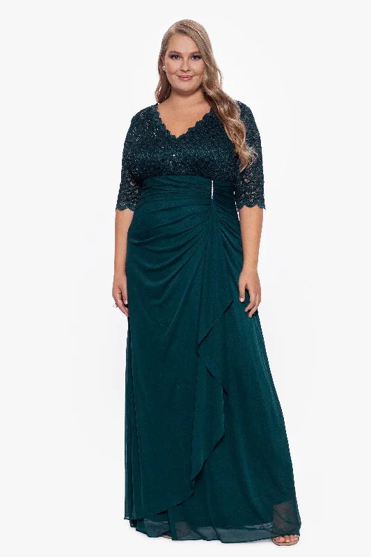 Maxi dress with bold colors-Plus "Johanna" 3/4 Sleeve Sheer Matte Jersey Long Dress