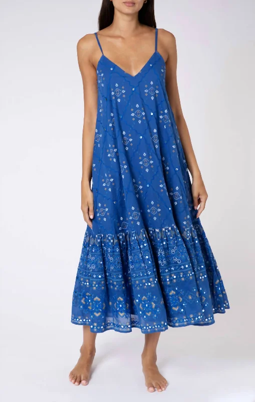 Midi dress with draped bodice-Mosaic-Print Cotton Midi Dress In Blue