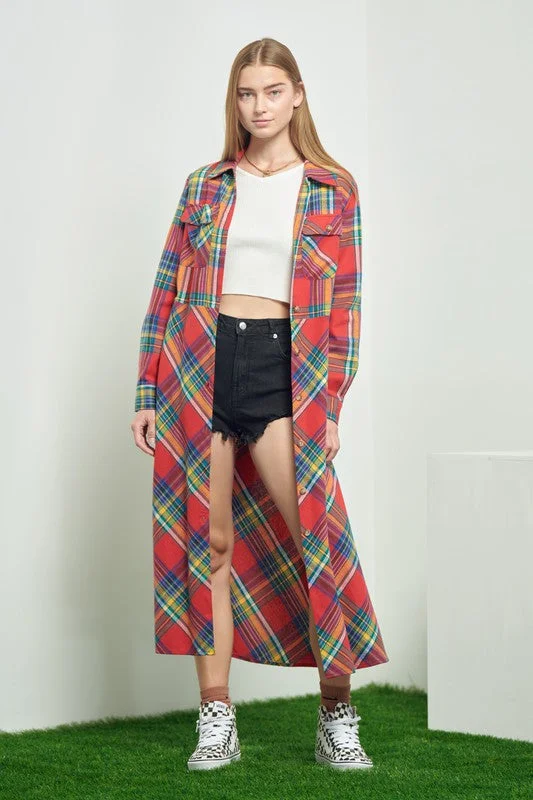 Maxi dress with cowl neck-Plaid Belted Long Shirt Dress