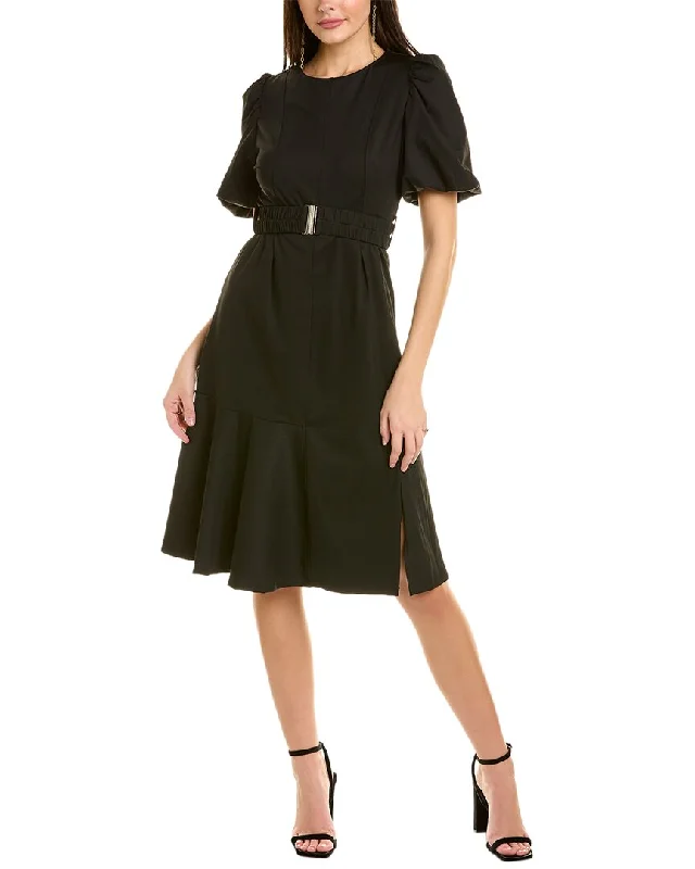 Midi dress with mesh insert-Gracia Puff Sleeve Midi Dress