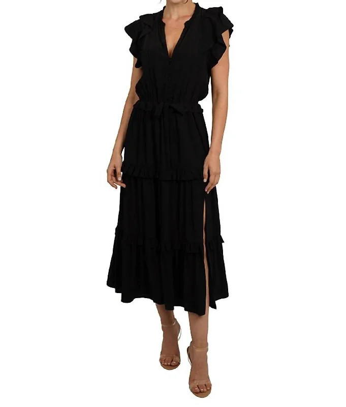 Midi dress with illusion sleeves-Tiered Midi Dress In Black