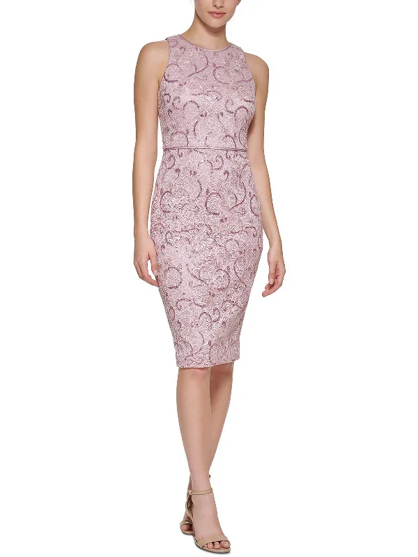 Midi dress with modern design-Petites Womens Embroidered Midi Cocktail and Party Dress