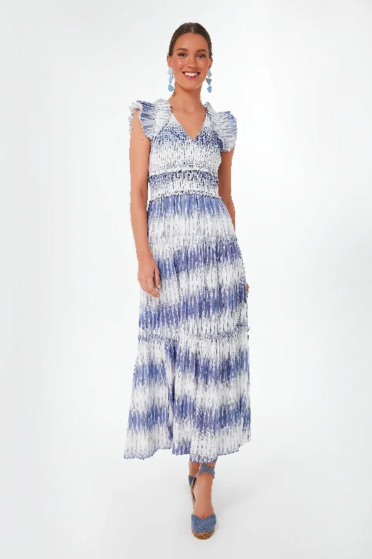 Maxi dress with pleated skirt-Creme and Blue Kalin Maxi Dress