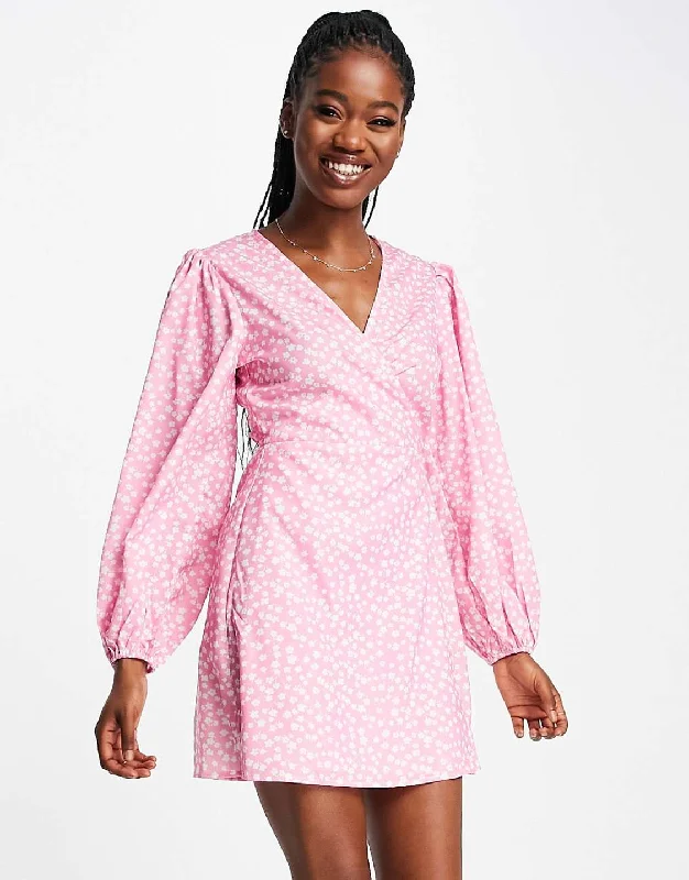 Plunging neckline mini dress-Ditsy Pink Wrap Mini Dress