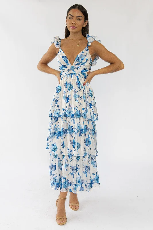 Maxi dress with pleated skirt-Carmen Blue Floral Maxi Dress