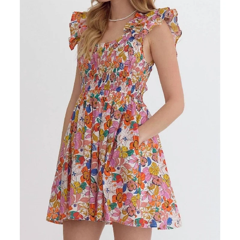 Mini dress with puff sleeves-Entro - Blooming Beauty Mini Dress With Ruffle Detail And Smocked Bodice