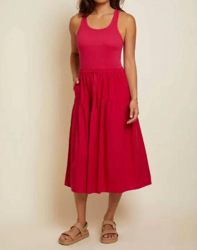 Midi dress with cap sleeves-Frannie Combo Midi Dress In Raspberry