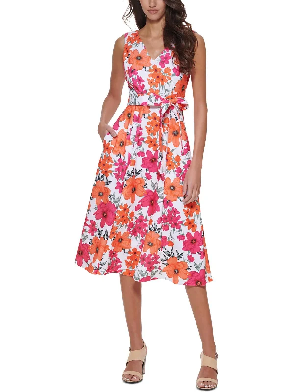 Midi dress with neon colors-Petites Womens Floral Print A-Line Midi Dress