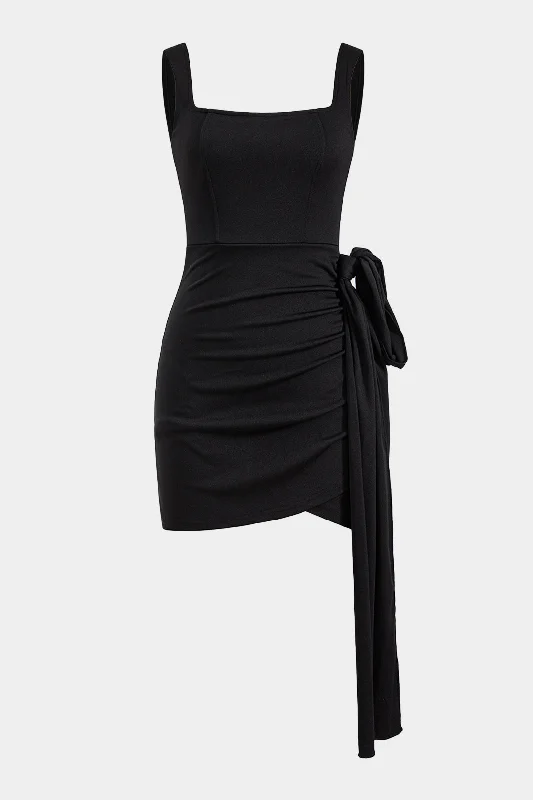 Bow detail mini dress-Knotted Tie Ruched Square Neck Sleeveless Mini Dress