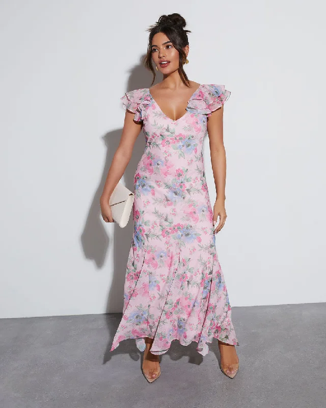 Maxi dress with oversized fit-Orchard Floral Ruffle Sleeve Maxi Dress