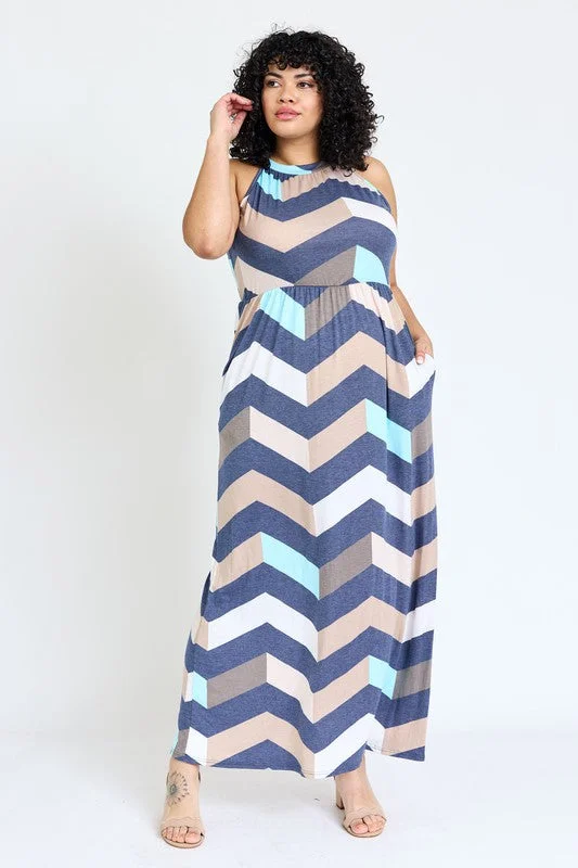 Maxi dress with casual chic-Plus Halter Neck Chevron Maxi Dress