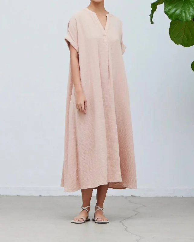 Midi dress with draped bodice-Cotton Gauze Midi Dress In Soft Rose