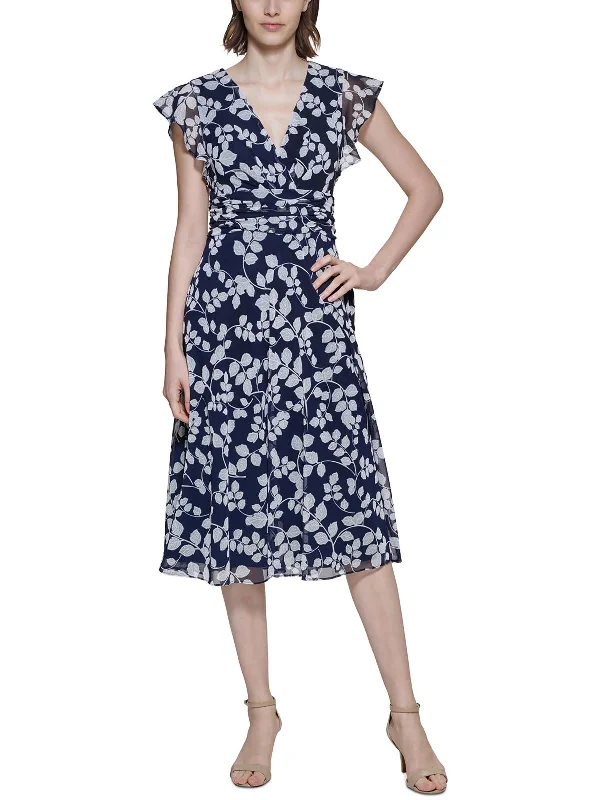 Midi dress with sheer panels-Womens Floral Print Midi Fit & Flare Dress