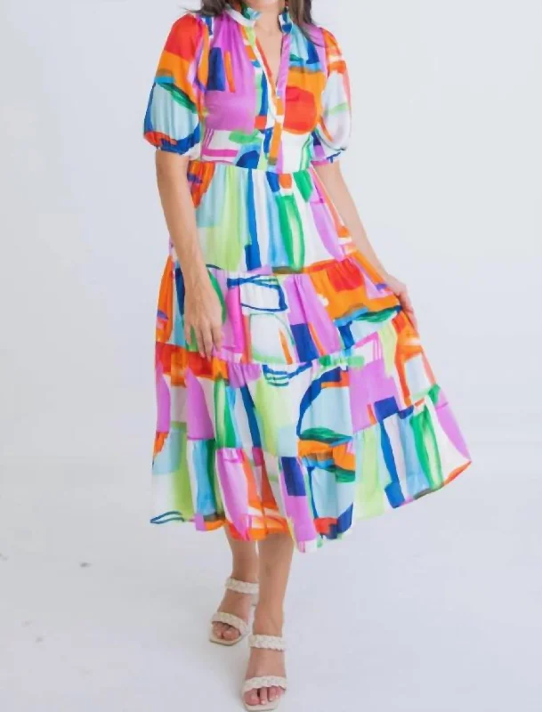 Midi dress with illusion sleeves-Abstract Tiered Midi Dress in Multi