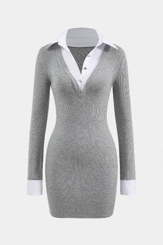 Draped bodice mini dress-Button Patchwork Long Sleeve Mini Dress