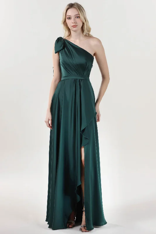 Maxi dress with frilly details-Asymmetrical Maxi Luxe Satin Formal Dress CS0603