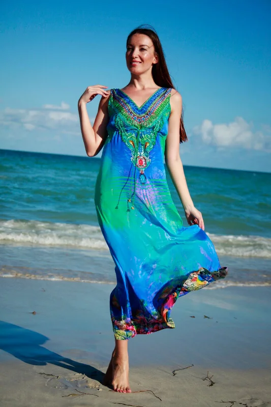 Maxi dress with velvet texture-BLUE SEA AND SHELLS MAXI, perfect slit!