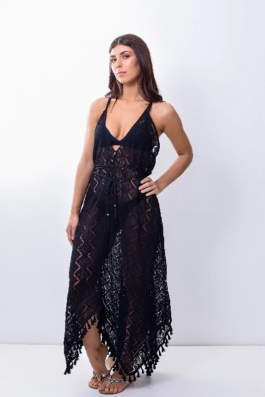 Maxi dress with tie waist-Black Lace Assimetric Long Dress