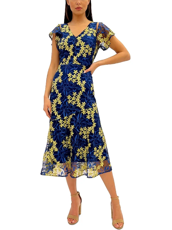 Midi dress for cocktail parties-Womens Embroidered Calf Midi Dress