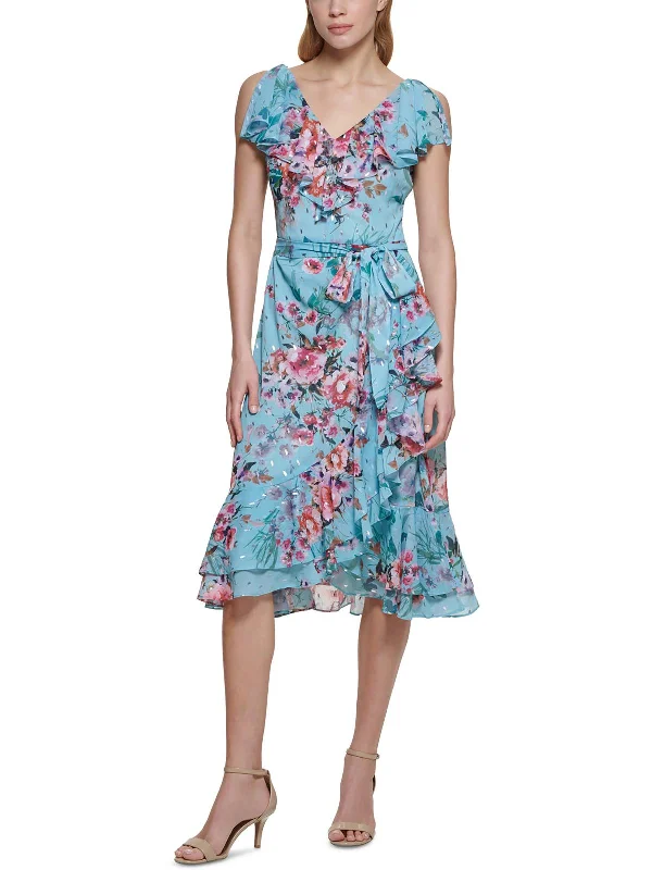 Midi dress with ruffled hem-Womens Floral Calf Midi Dress