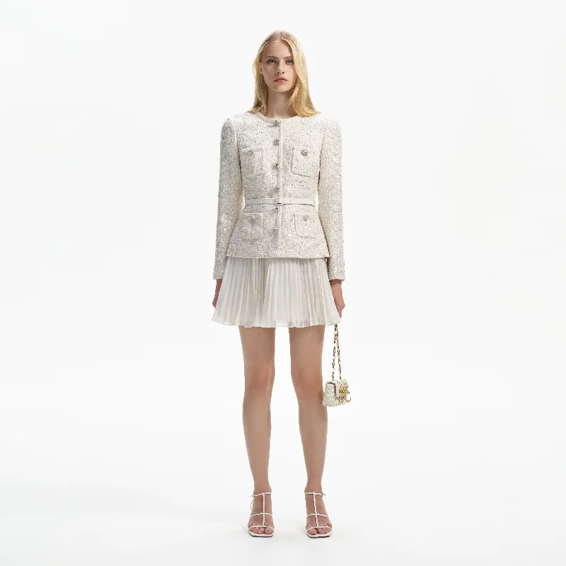 Knot front mini dress-Cream Sequin Boucle Tailored Mini Dress